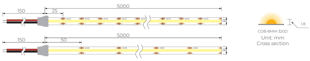 Dimension of 8mm 320LED Single color and RGB COB LED strips